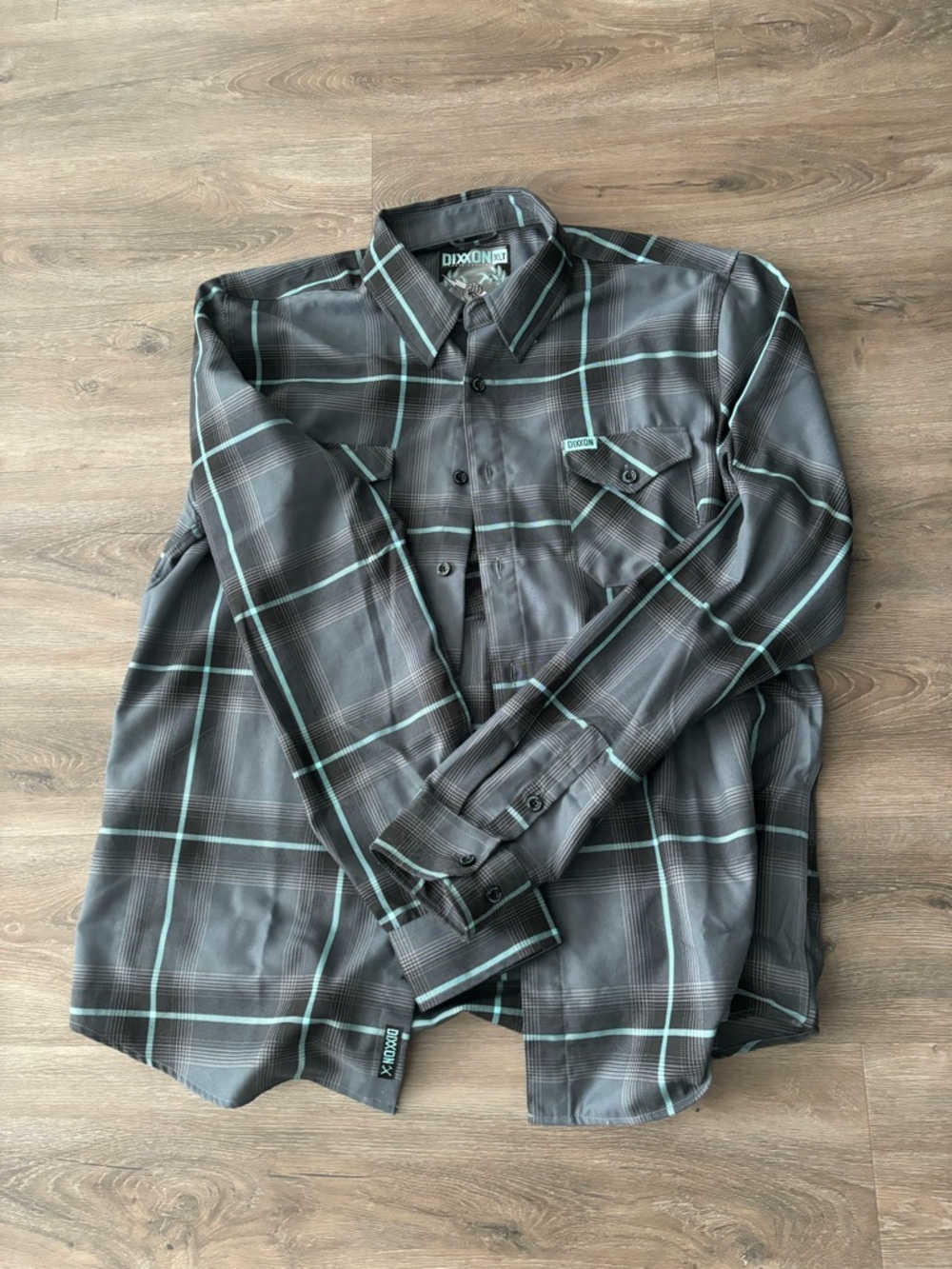 DIXXON Gray Shirt with Teal Windowpane Plaid